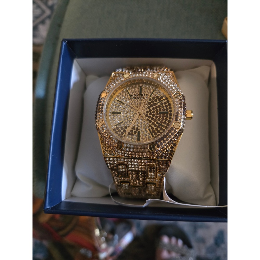 Montres Prestige MPW-0308 Iced Out Gold Tone Crystal Pave Watch New with Box